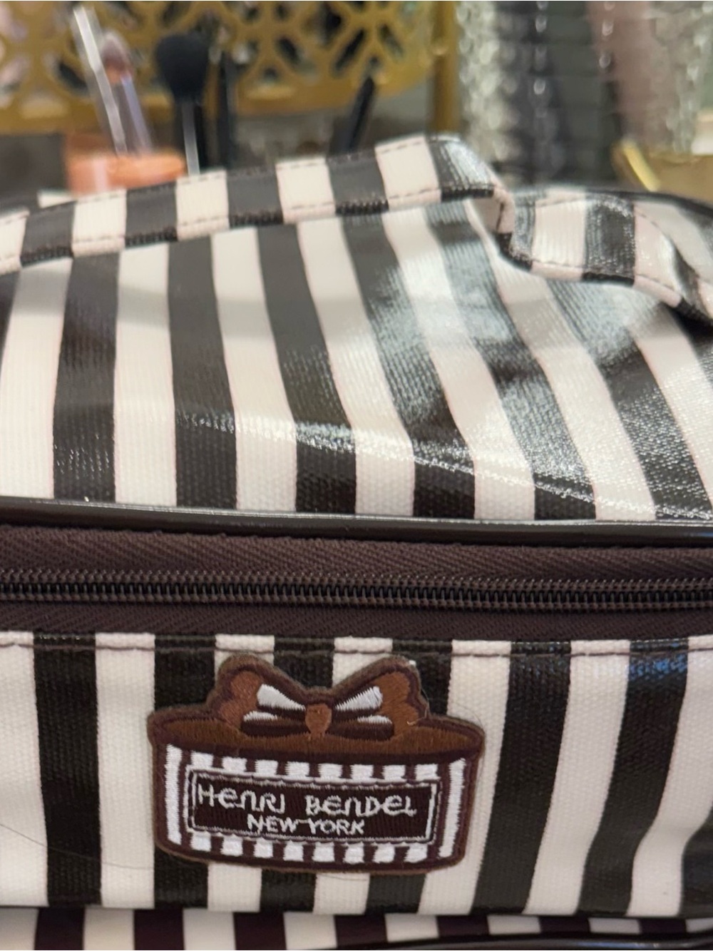 henri bendel Black and White Striped Cosmetic Case set with Brown Trim